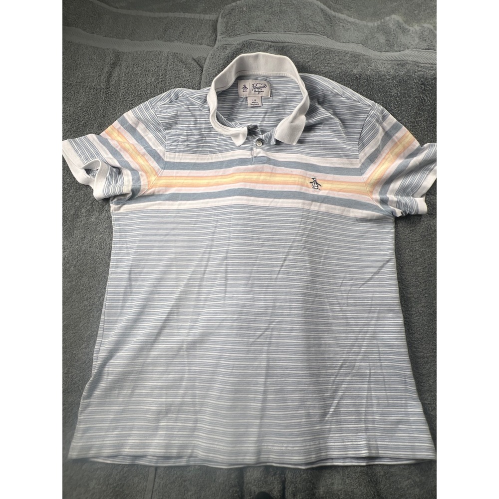 Original Penguin Striped Polo Shirt Mens Large Blue White Orange Short‎ Sleeve